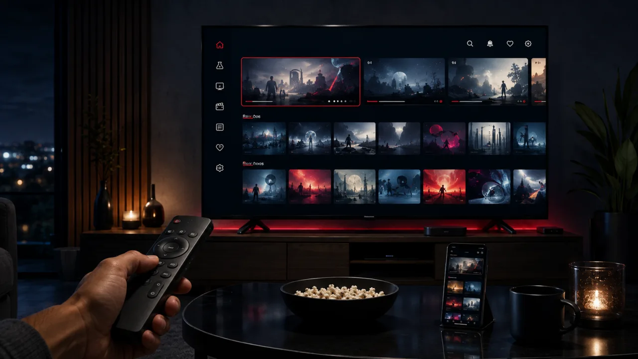 Télévision affichant une interface fictive de films et séries