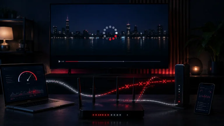 Écran IPTV en buffering avec routeur et diagnostic de connexion